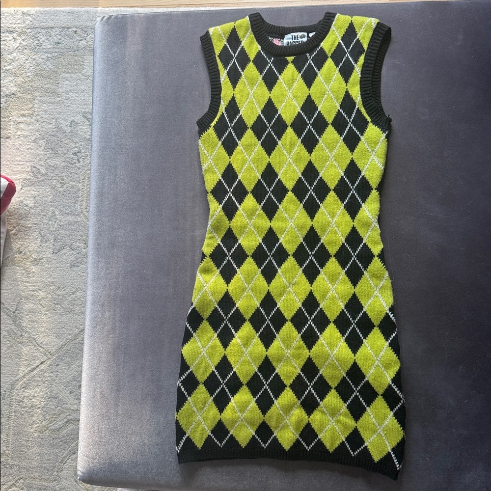 The Ragged Priest Sleeveless Argyle Knit Dress Black Lime Green Pink Size Small